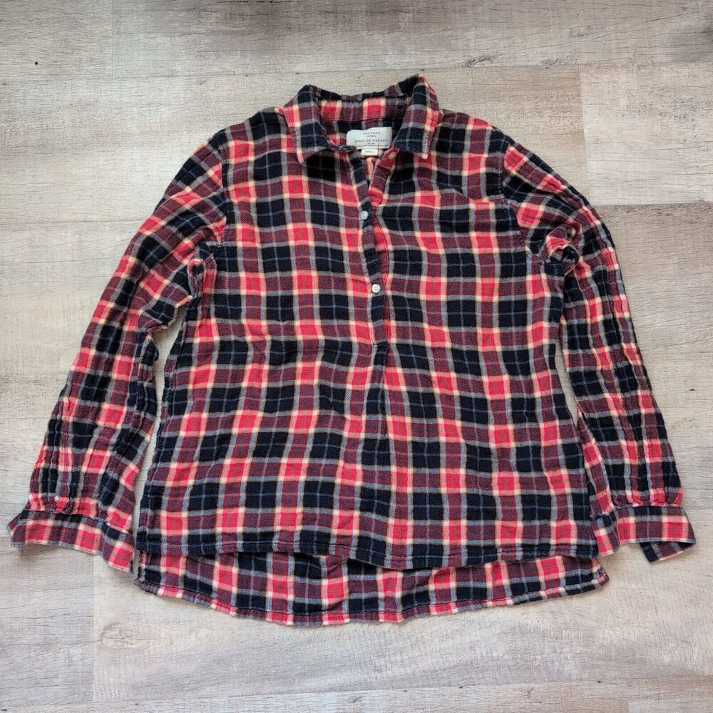 Trovata Birds of Paradis Red Blue Checkered Shirt Long Sleeve Sz S 1/2 Button Up